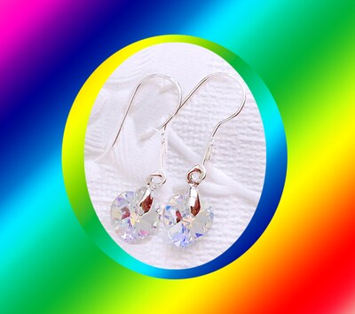 Clear Swarovski Crystal Heart Earrings, Silver Bale, Blue-White-Rainbow Shimmery Sparkles - You Choose Your Favorite Earring Finding Tops - image3